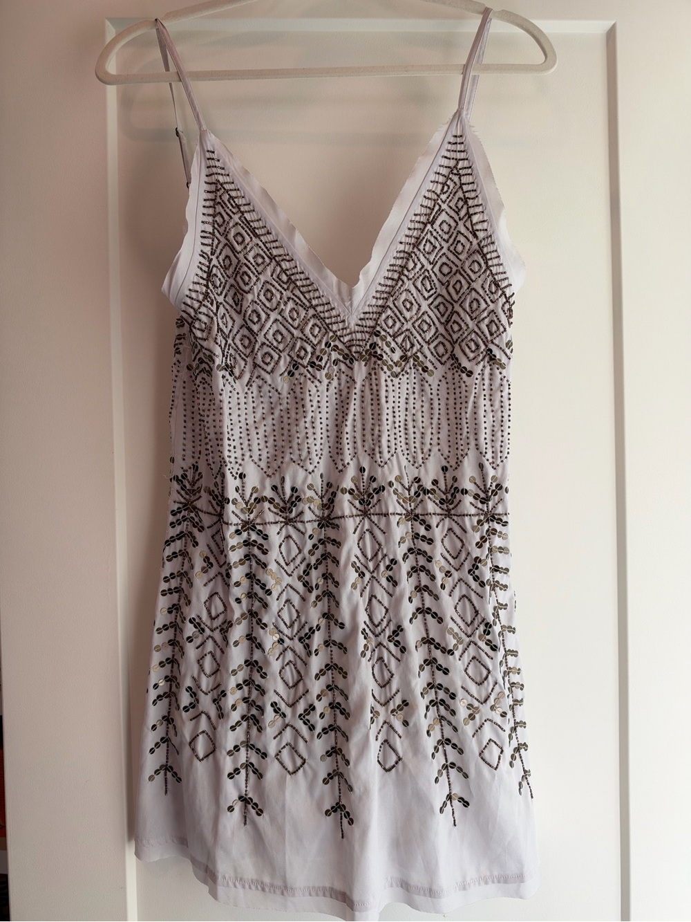 Free People White Embroidered V-Neck Beaded Slip Dress